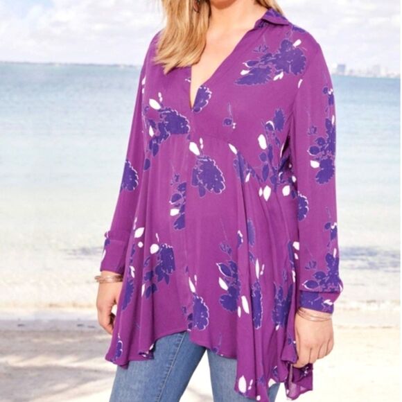 Roaman's Purple Floral V-Neck High-Low Blouse Size 28W - Picture 1 of 7